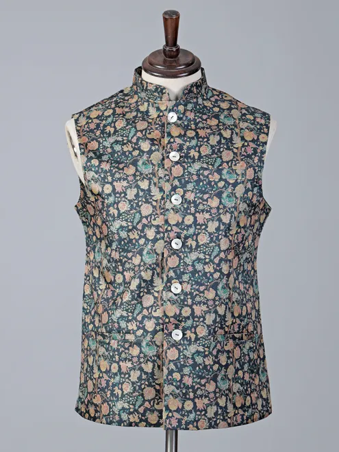 Royal dark blue brocade printed waistcoat