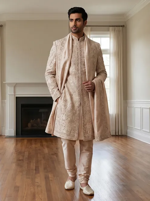 Royal peach banarasi silk full sleeves sherwani