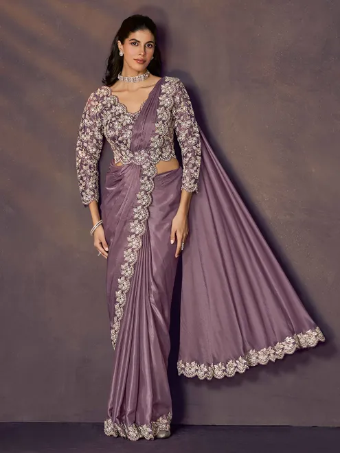 Royal purple soft satin silk saree with designer detailing