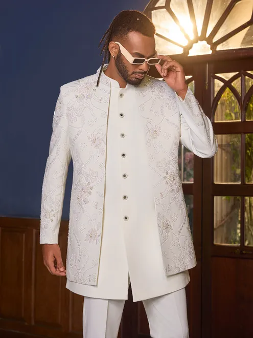 Royal white art silk indo western ensemble for men wedding wear