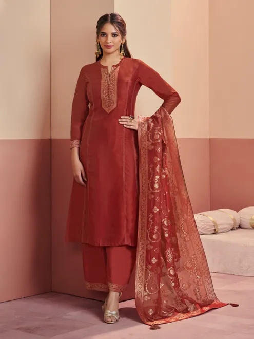 Rust brown heritage shimmer palazzo style salwar suit