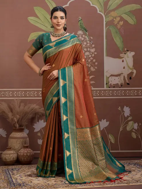 Rust brown tussar silk zari handloom saree