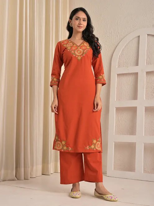 Rust cotton silk embroidered kurti palazzo set