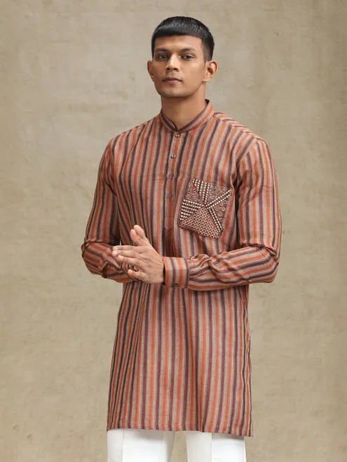Rust orange and brown kurta pajama set in stripe pattern