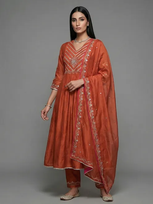 Rust orange cotton tissue festive yoke style salwar suit