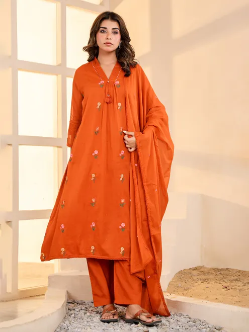 Rust orange embroidered cotton kurti set with dupatta