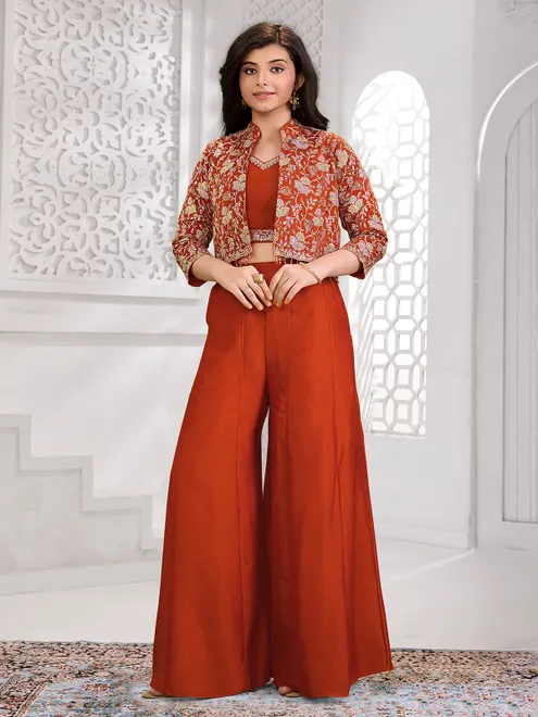 Rust orange jacket style silk palazzo outfit