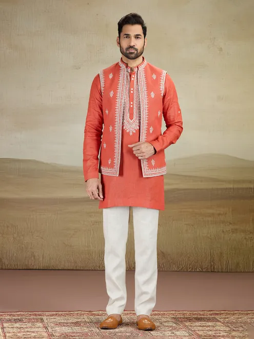 Rust orange linen waistcoat set with embroidery