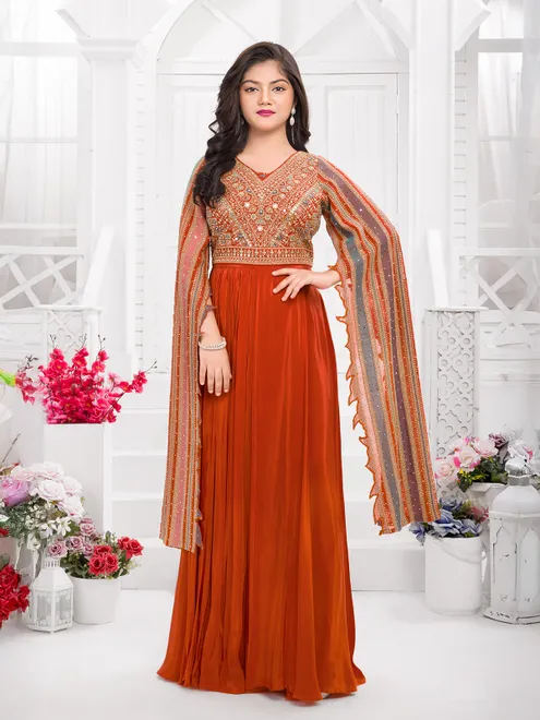 Rust orange mirror work silk designer suit