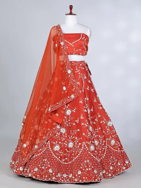 Rust orange raw silk pearl and beaded lehenga choli
