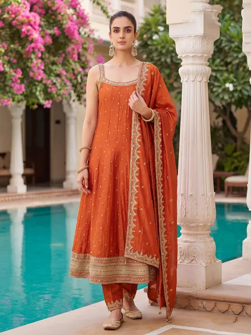 Rust orange silk anarkali festive suit for wedding wear