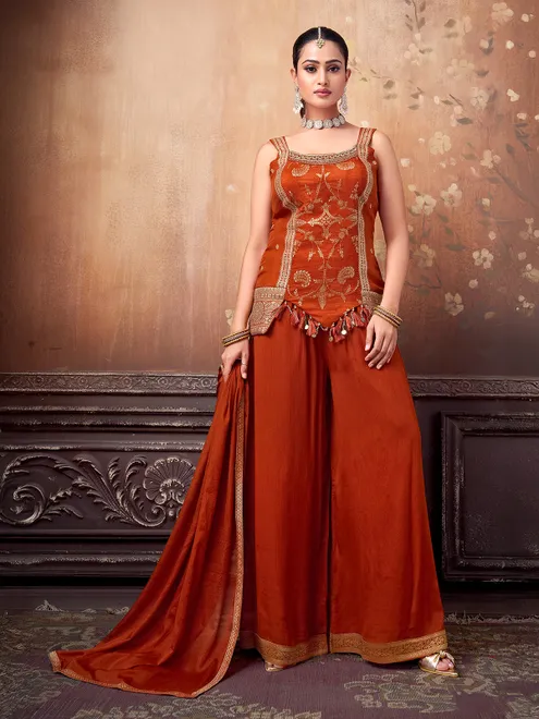 Rust orange silk embellished palazzo suit