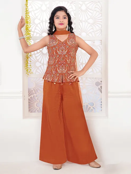 Rust orange silk embroidered palazzo suit with dupatta