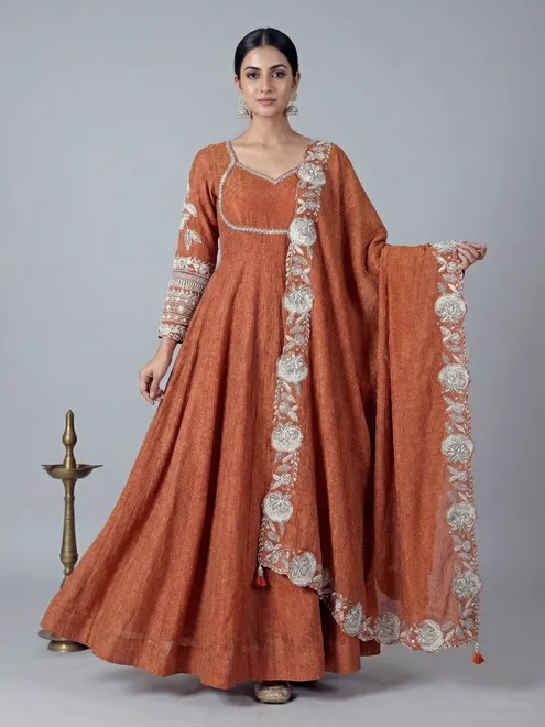 Rust orange silk floor length anarkali suit