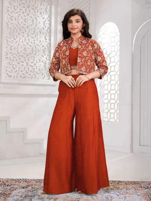 Rust orange silk palazzo suit with jacket