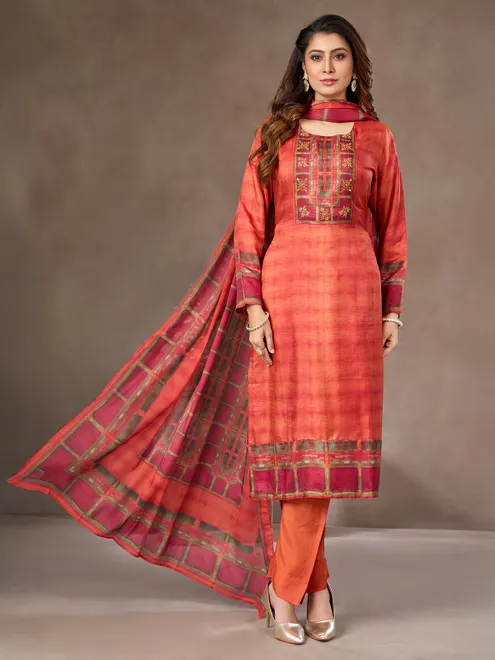 Rust orange silk salwar suit with embroidery and aabla