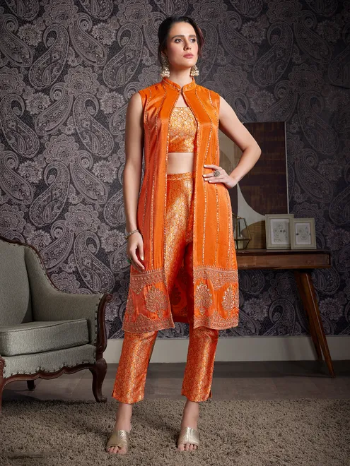 Rust orange tissue silk jacket salwar suit