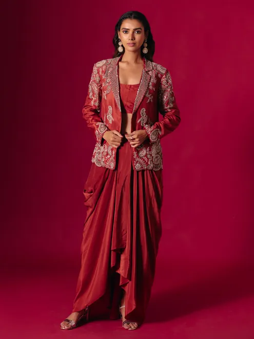 Rust red satin silk indo western suit with jacket