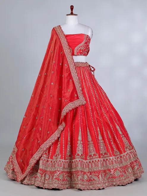 Rust red silk cutdana and resham bridal lehenga choli