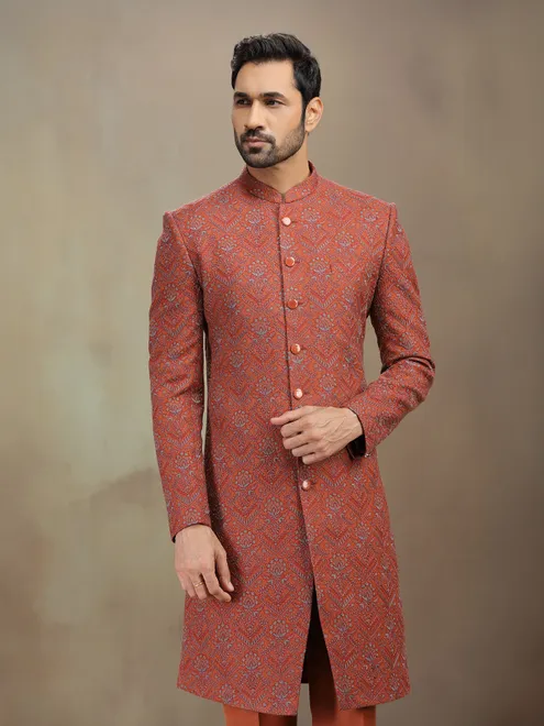 Rust red thread worked indowestern set in silk