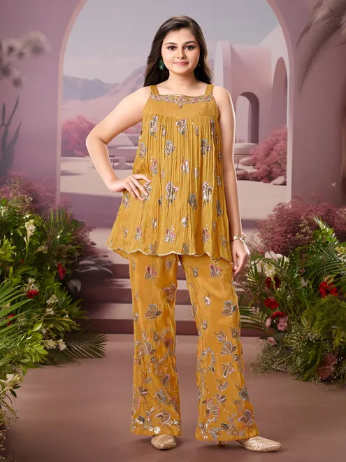 Rust yellow silk embroidered pearl work palazzo suit
