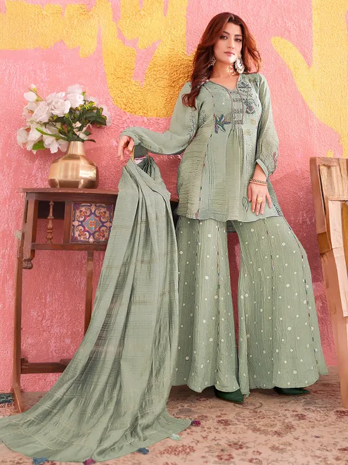 Sage green chiffon palazzo suit with festive vibe