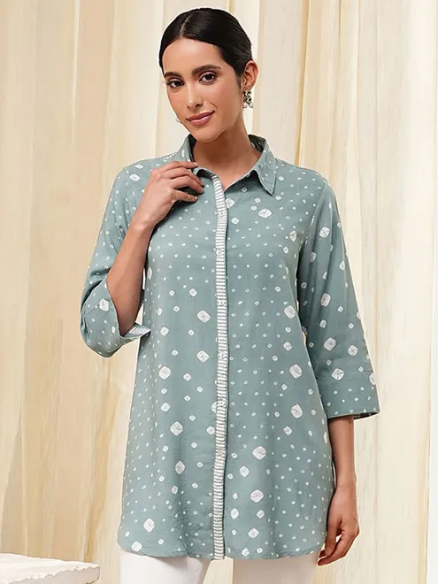 Sage green cotton printed kurti for women