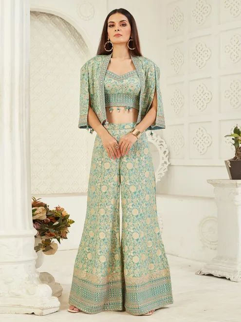 Sage green elegant silk jacket style palazzo suit for women
