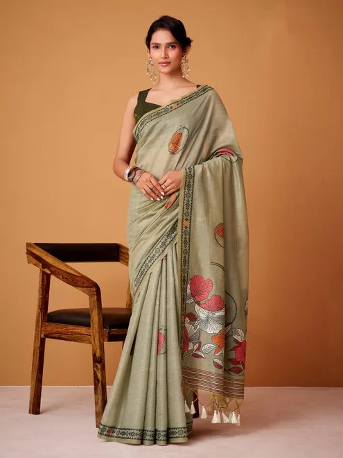 Sage green floral jamdani cotton festive saree