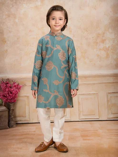 Sage green floral printed cotton silk kurta suit