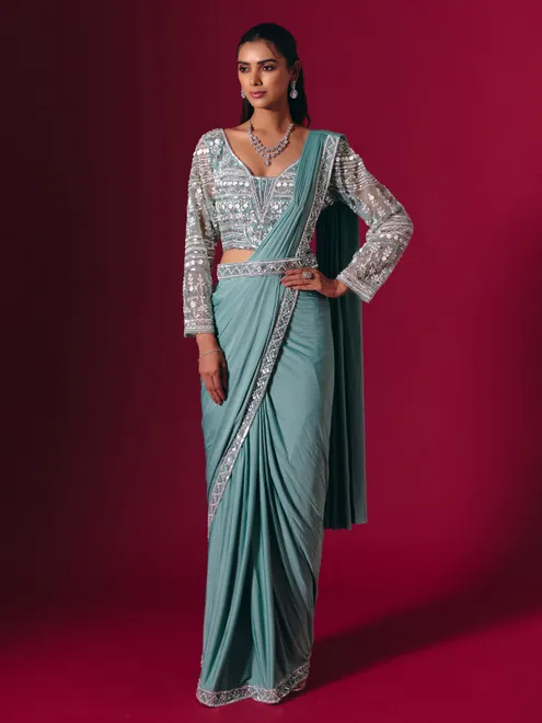 Sage green lycra saree with luxurious multi work detailing