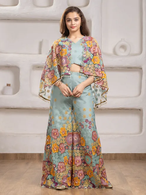 Sage green net palazzo salwar suit with jacket