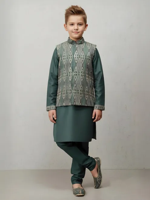 Sage green printed semi silk waistcoat set