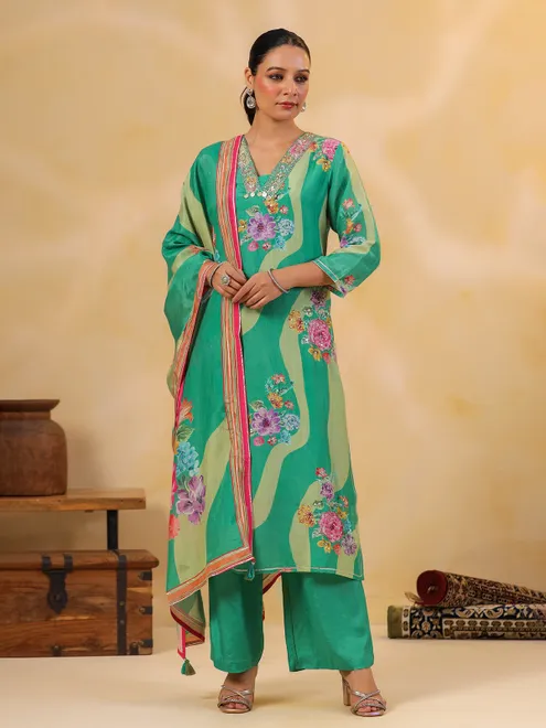 Sage green silk embellished kurti set