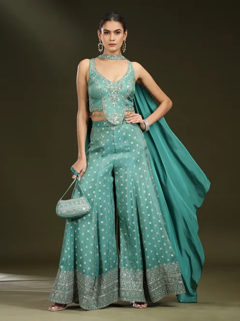 Sage green silk embellished palazzo suit