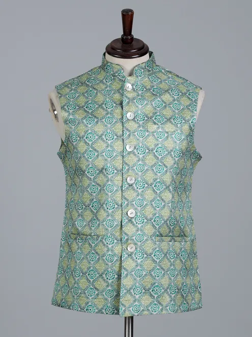 Sage green silk printed festive waistcoat