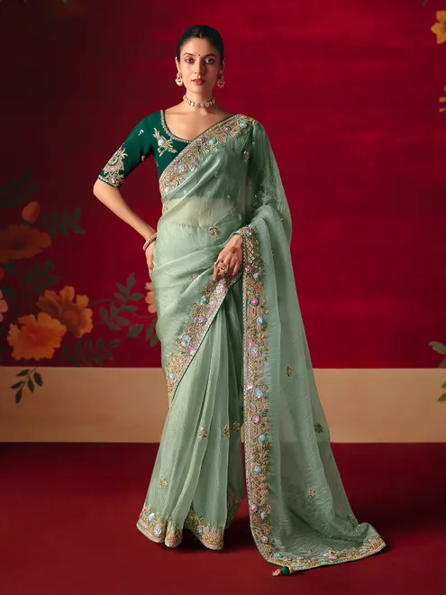 Sage green tissue organza embroidered saree