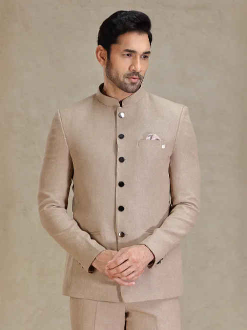 Sand khaki jacquard net jodhpuri suit