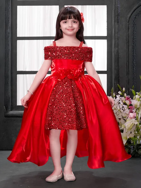 Scarlet red satin silk sequinned frock
