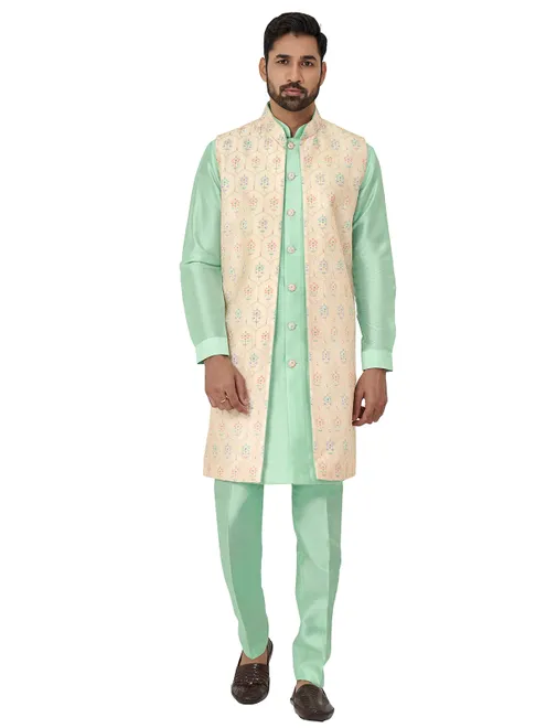Sea green and cream silk indowestern
