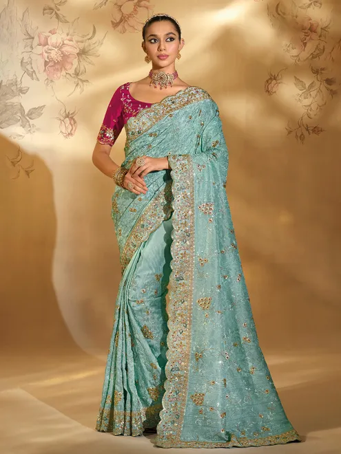 Sea green banarasi silk saree for wedding celebration