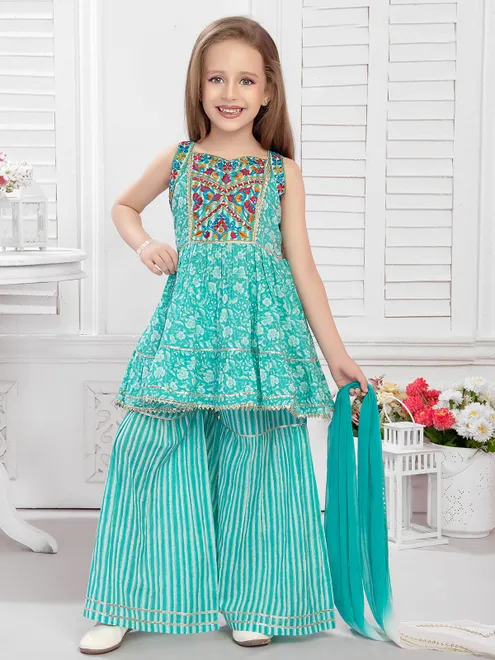 Aqua cotton embroidery sharara set