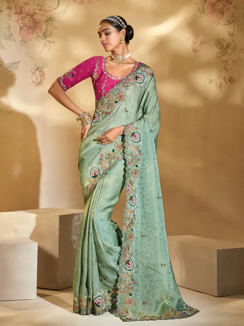 Sea green kanjivaram silk saree with zari shine