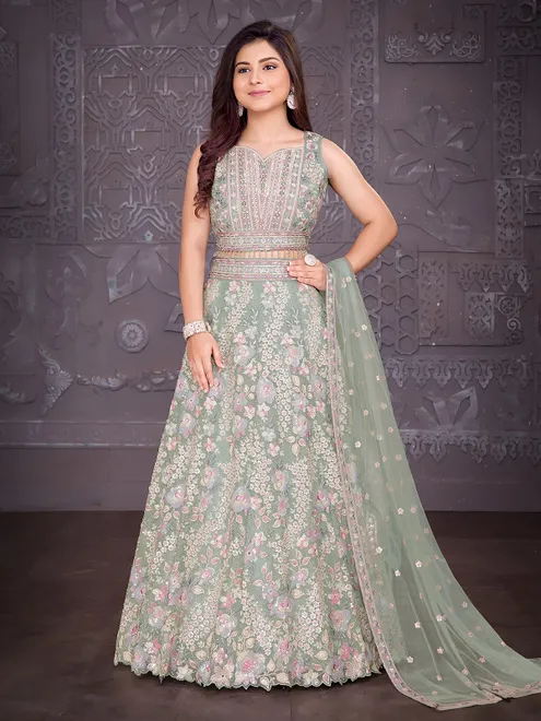 Sea green net lehenga choli with mirror work