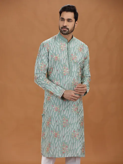Sea green viscose floral embroidered kurta suit