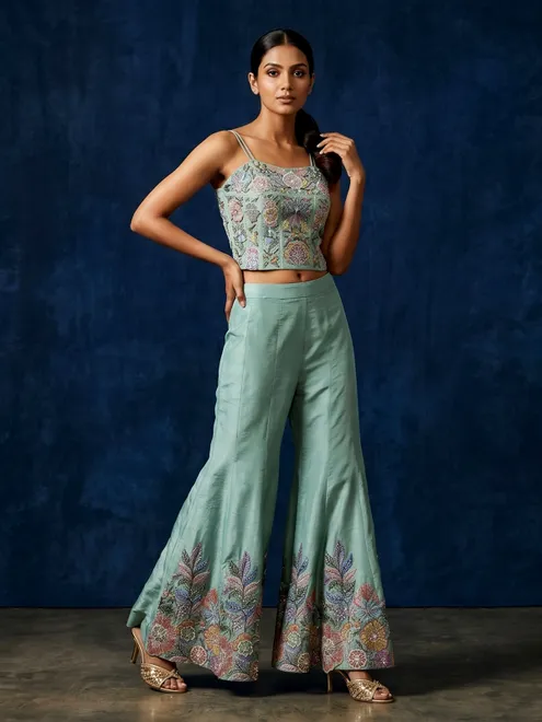 Seafoam green festive embroidered palazzo suit