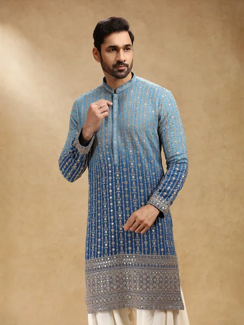Shaded blue georgette men festive kurta pajama