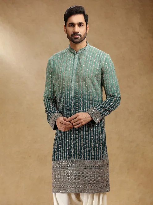 Shaded green georgette festive kurta salwar suit for men
