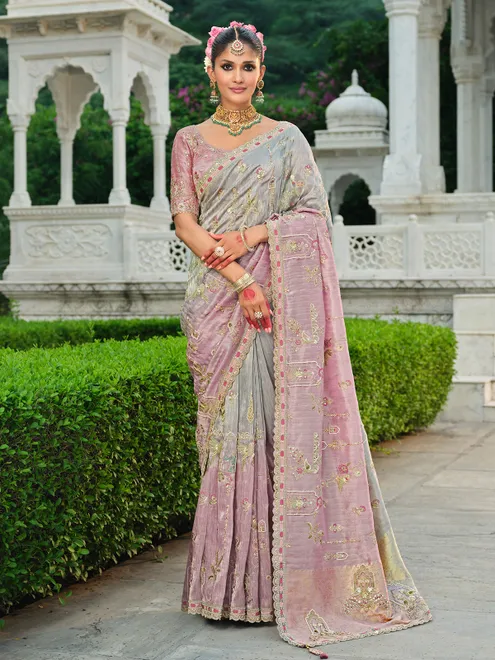 Shaded grey khatli satin silk saree