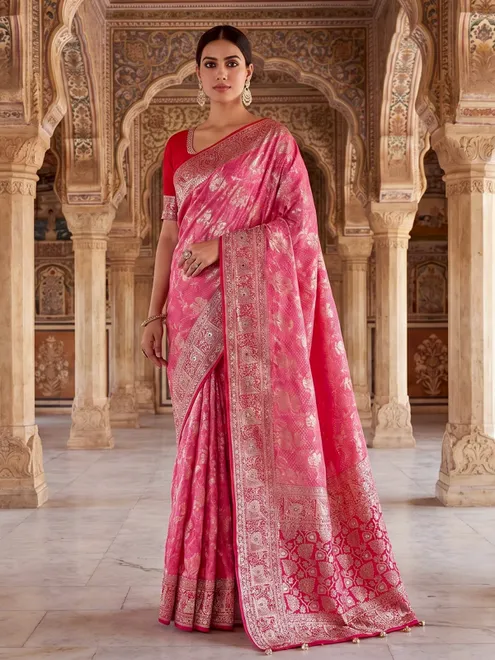 Shaded pink dola silk floral festive silk saree